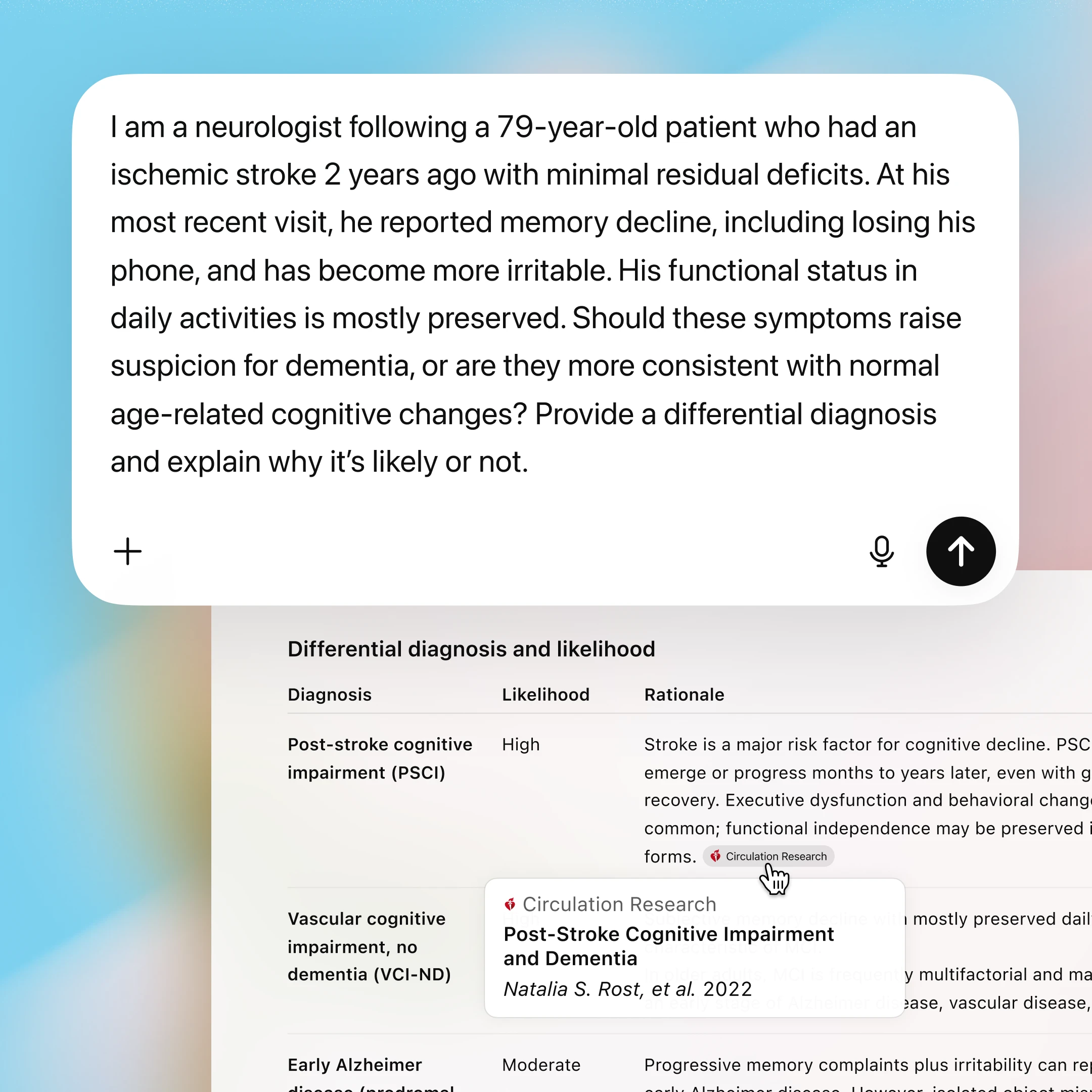 ChatGPT interface showing a clinician prompt about post-stroke memory decline with an on-screen differential diagnosis table for cognitive impairment.