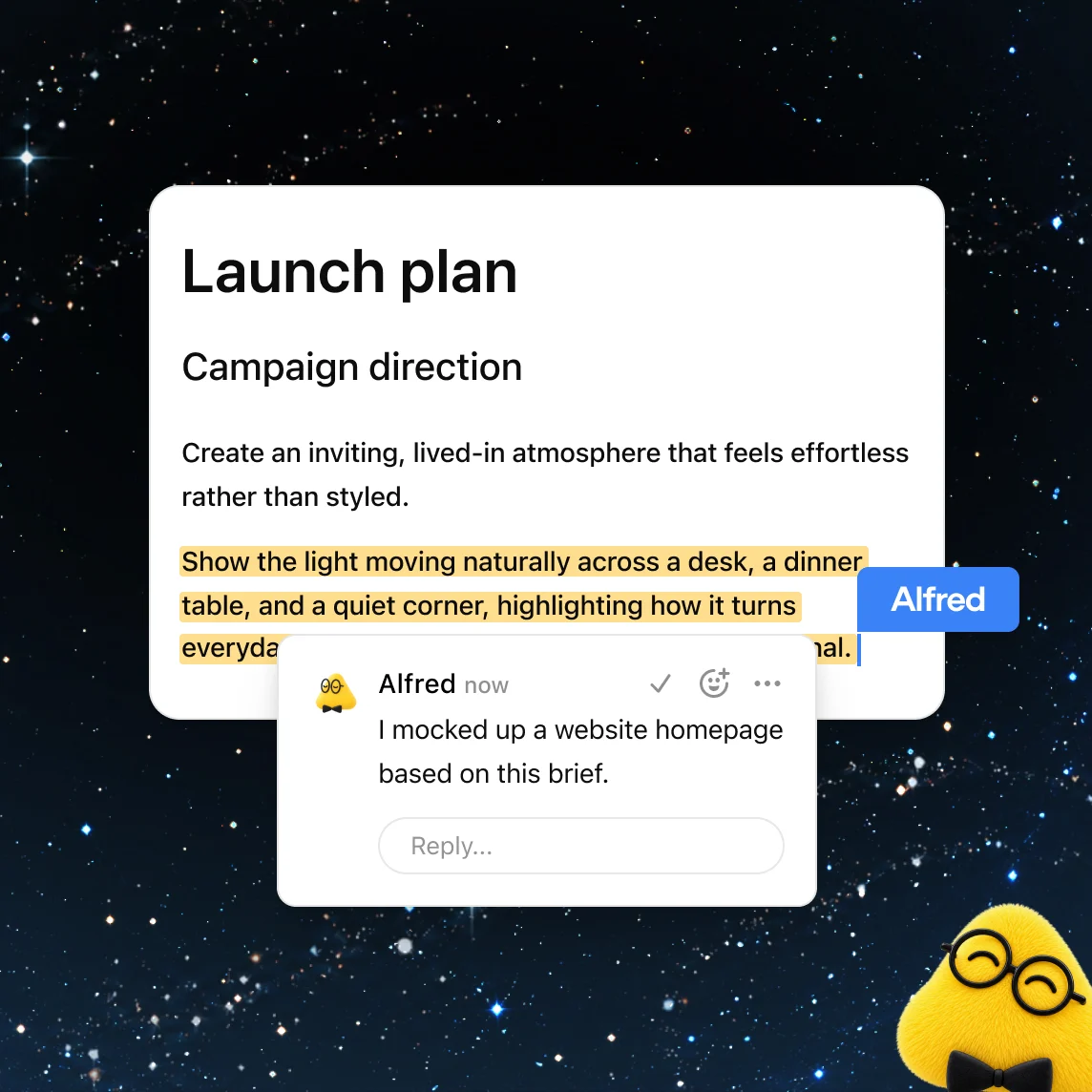 A launch plan with campaign text highlighted by Alfred and a comment saying it mocked up a website homepage.
