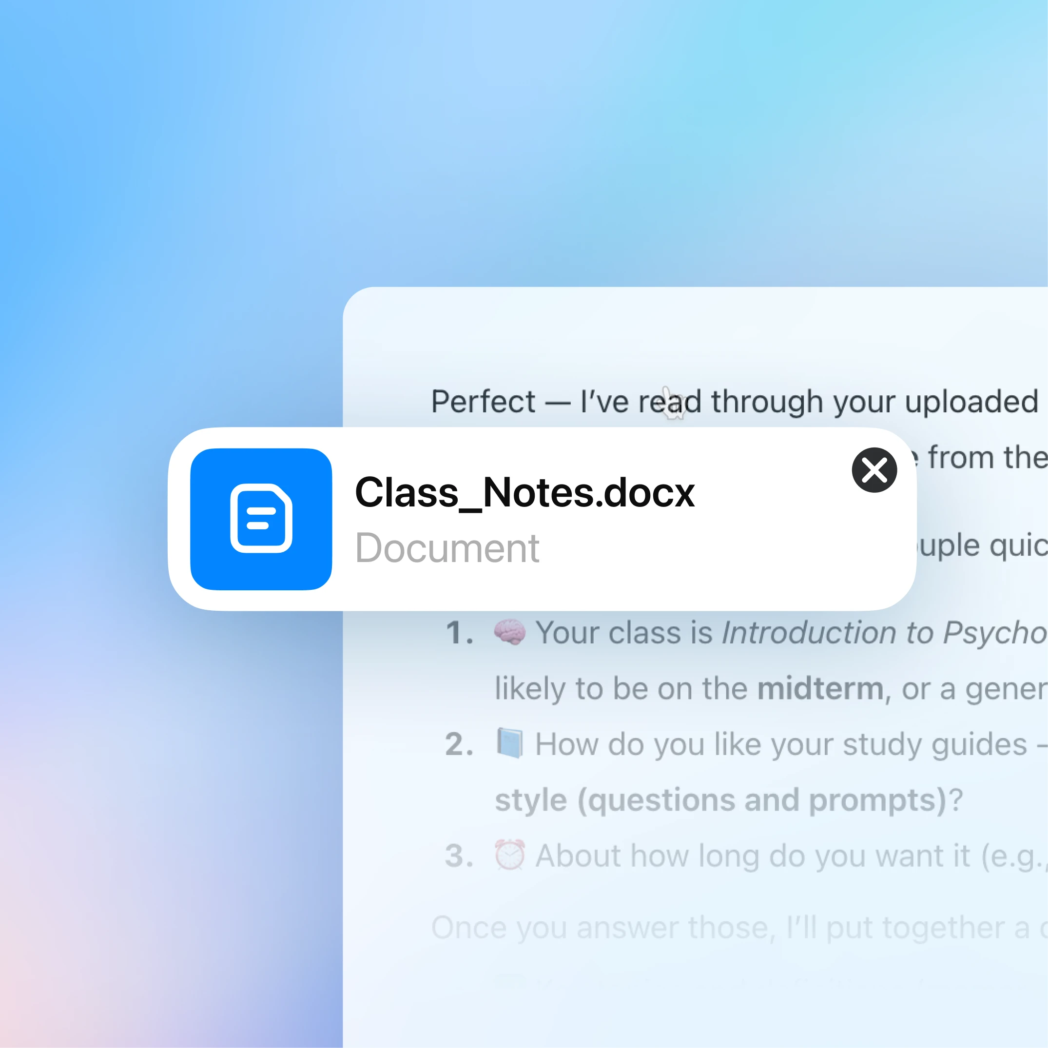 Close-up of a ChatGPT mobile chat with an uploaded document card in front. The card shows a blue document icon, the filename “Class_Notes.docx,” the label “Document,” and a close button, with a blurred response about using the uploaded notes in the background.