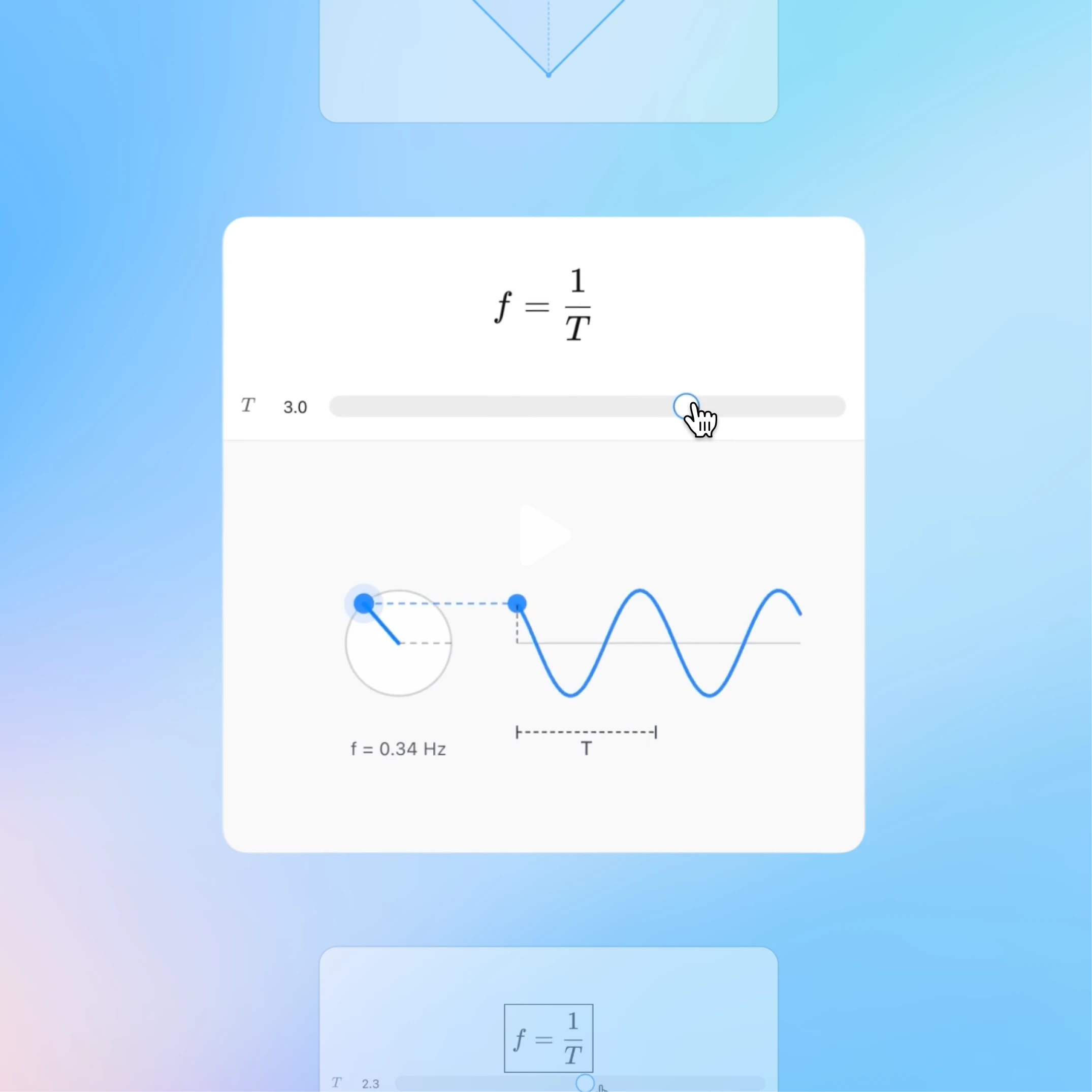 Interactive lesson card on a blue gradient background explaining frequency with the formula “f = 1/T.” A slider labeled “T” is set to 3.0, with a cursor dragging the control. Below, an animation diagram connects circular motion to a sine wave, showing the period “T” and a calculated frequency of “f = 0.34 Hz.”