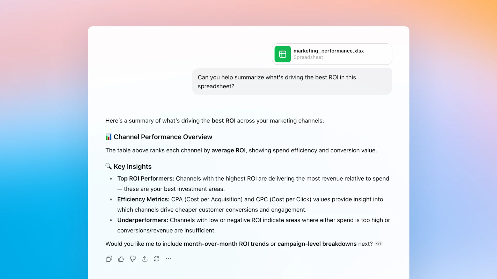 Uma página do Notion resumindo o que está impulsionando o melhor ROI em uma planilha chamada marketing_performance.xlsx. O usuário pede ajuda para identificar o que está por trás do melhor ROI. A resposta inclui uma seção "Visão geral do desempenho por canal", explicando que os canais são classificados por ROI médio, mostrando eficiência e valor de conversão. Ela destaca que os melhores desempenhos geram alta receita por dólar gasto, que CPA e CPC revelam eficiência de custo e que os canais com baixo desempenho têm ROI baixo ou negativo por causa de retornos fracos ou gastos altos. Uma pergunta de acompanhamento questiona se tendências mês a mês ou detalhamentos por campanha devem ser incluídos em seguida.
