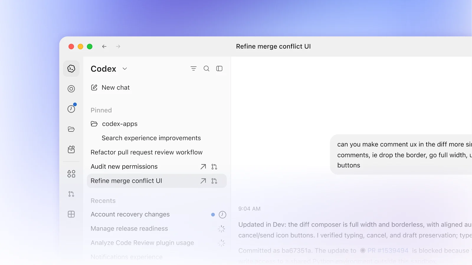 Codex desktop app showing pinned projects and agent tasks in a sidebar on a purple gradient background.