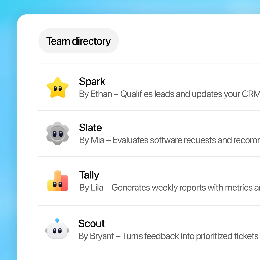 Screenshot of a Team directory showing AI agents created by coworkers, including Pip the Lead Outreach Agent, Nova the Software Reviewer, Lyra the Weekly Metrics Reporter, and Sola the Product Feedback Router.