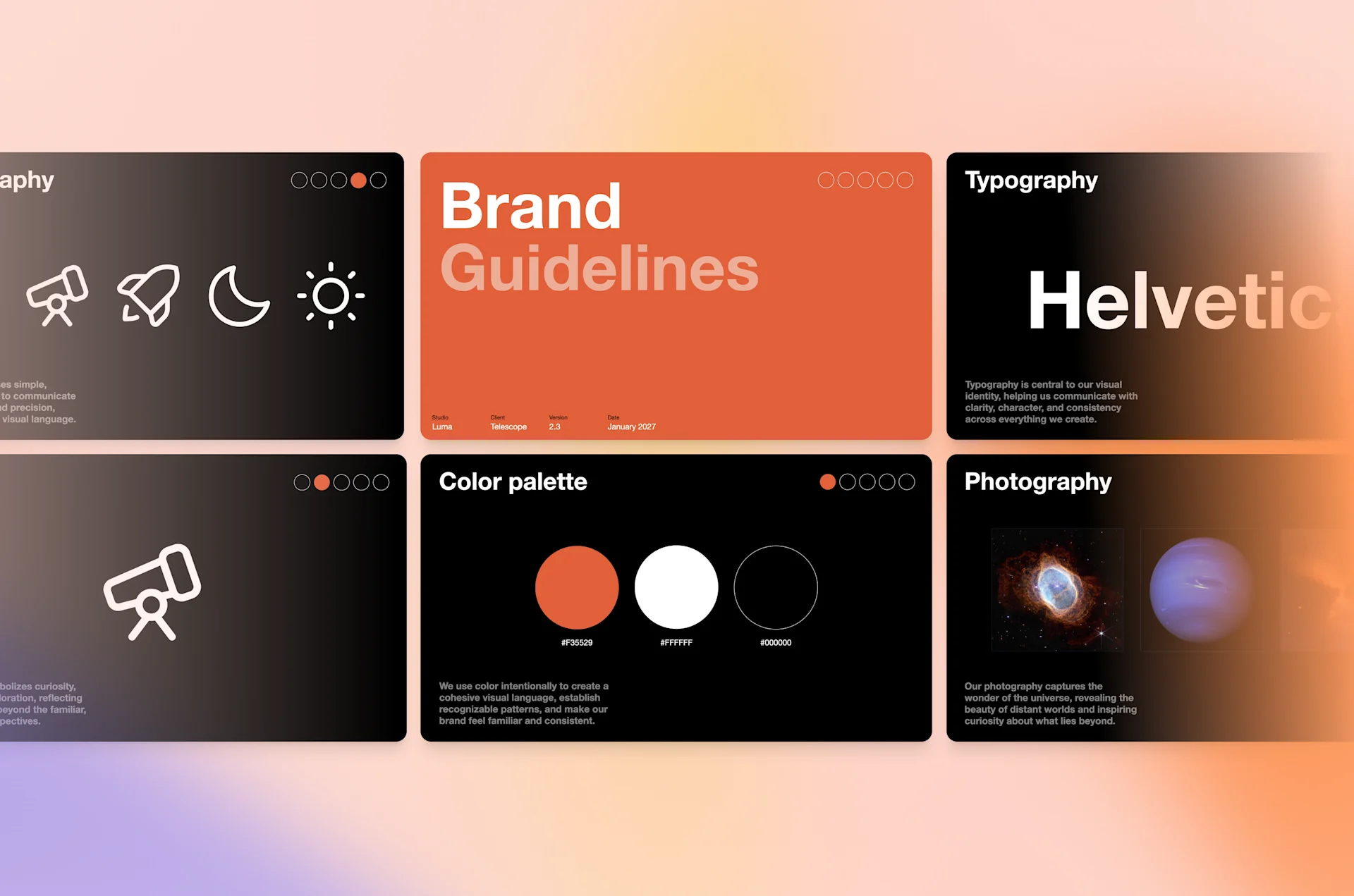 Creative campaign slides showing brand guidelines, typography, a color palette, and photography.