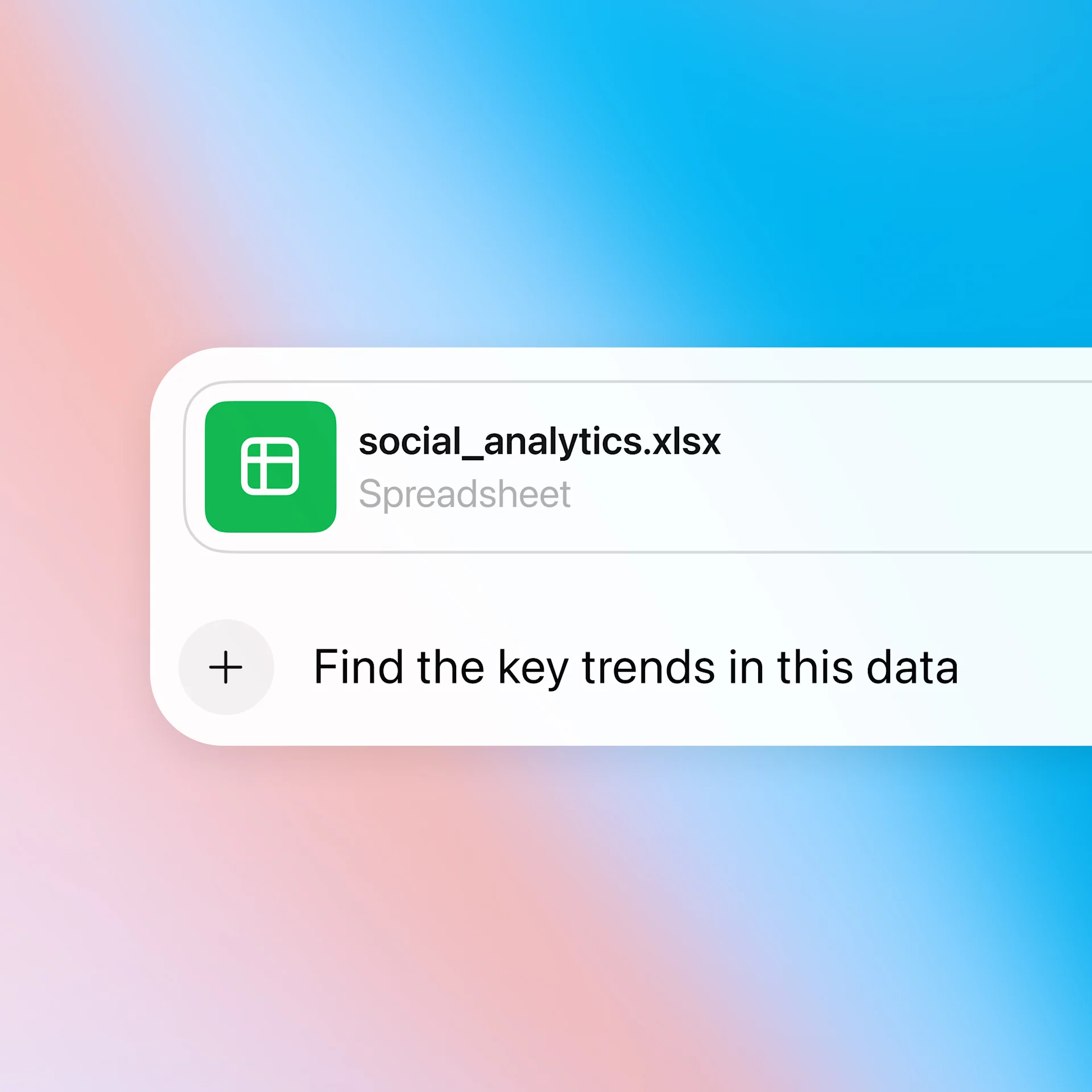 Interface mostrando um arquivo de planilha chamado "social_analytics.xlsx" com uma mensagem do usuário abaixo dizendo "Encontre as principais tendências nestes dados", sobre um fundo com degradê suave em rosa e azul.