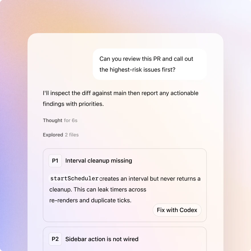Codex review interface showing a pull request review request, progress notes, and prioritized findings with a Fix with Codex button.