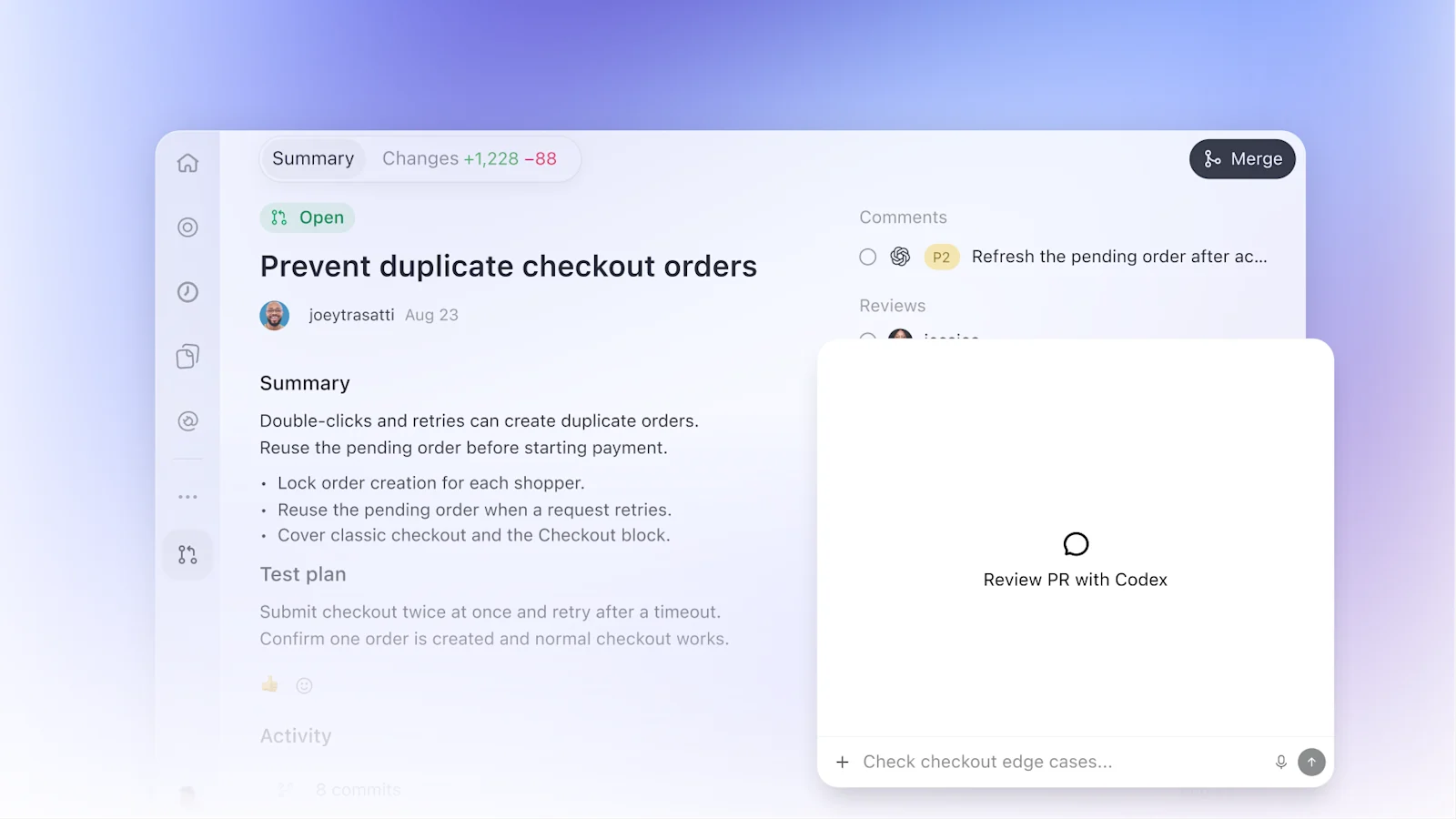 Codex code review showing a pull request activity thread and comments on a purple gradient background.
