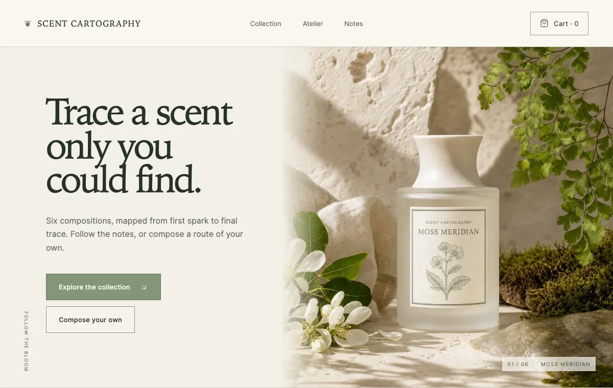 Scent Cartography website preview with a fragrance bottle and botanical scene.