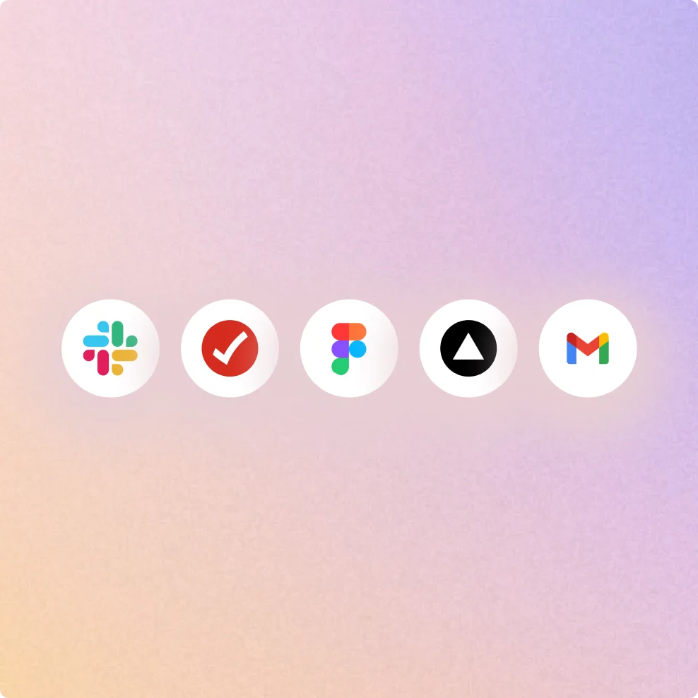 渐变背景上的 Slack、Asana、Figma、Vercel 和 Gmail 插件图标。