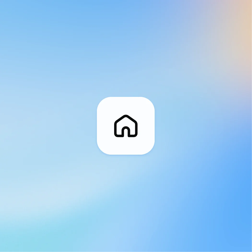 Black home icon centered inside a white rounded square button on a soft blue gradient background.