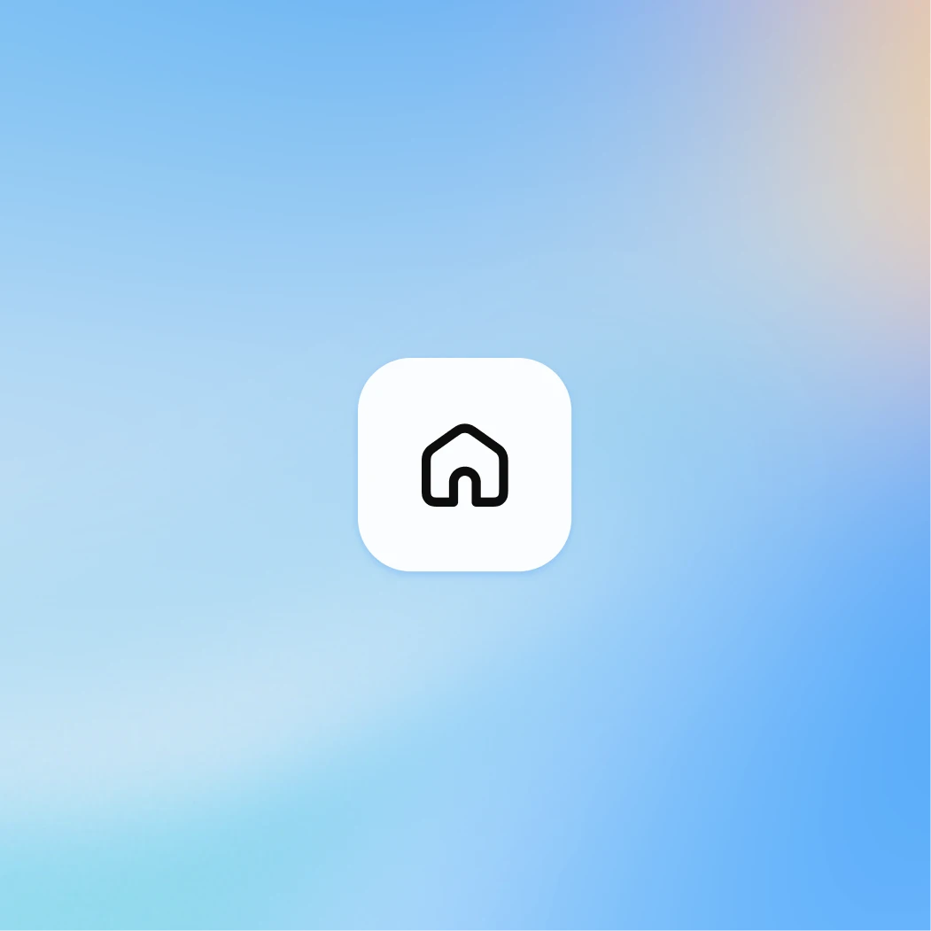 Black home icon centered inside a white rounded square button on a soft blue gradient background.