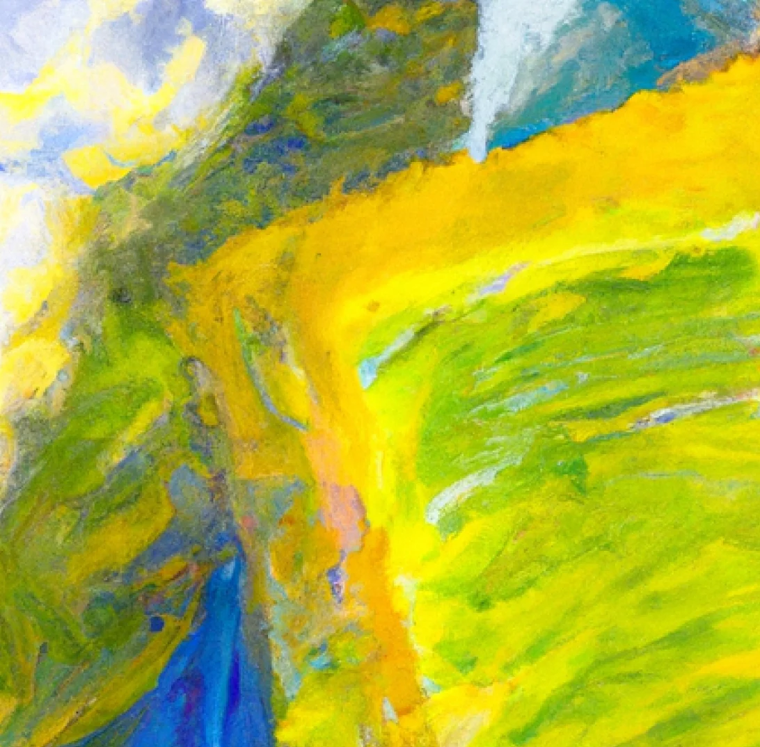 Ein abstraktes Kunstwerk mit kräftigen, leuchtenden Farben in Gelb, Grün und Blau. Die schwungvollen Pinselstriche lassen eine dynamische Landschaft vermuten, möglicherweise Felder oder Hügel unter einem hellen Himmel, die Bewegung und Tiefe vermitteln.