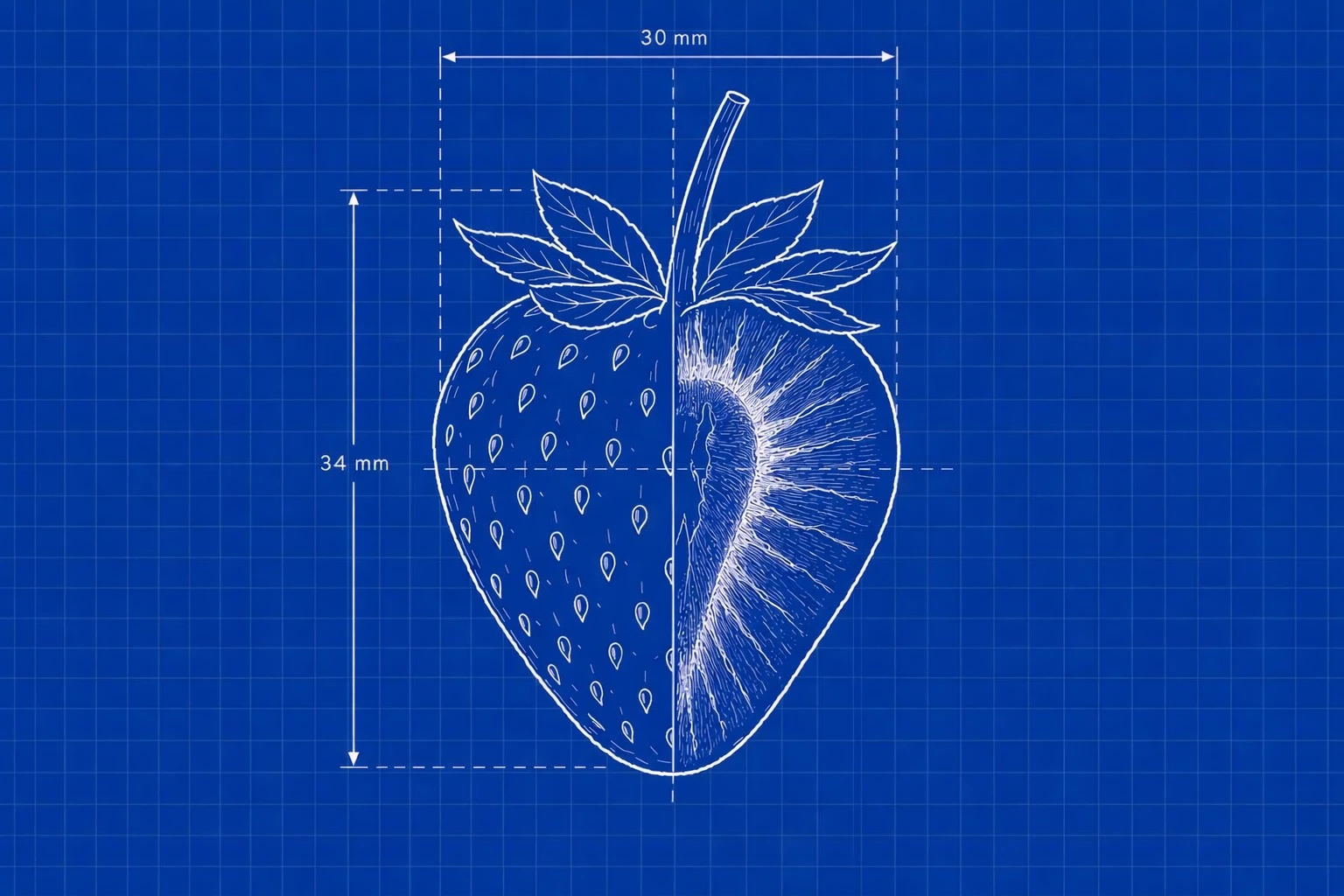 A blueprint-style white line drawing of a strawberry on a blue grid.