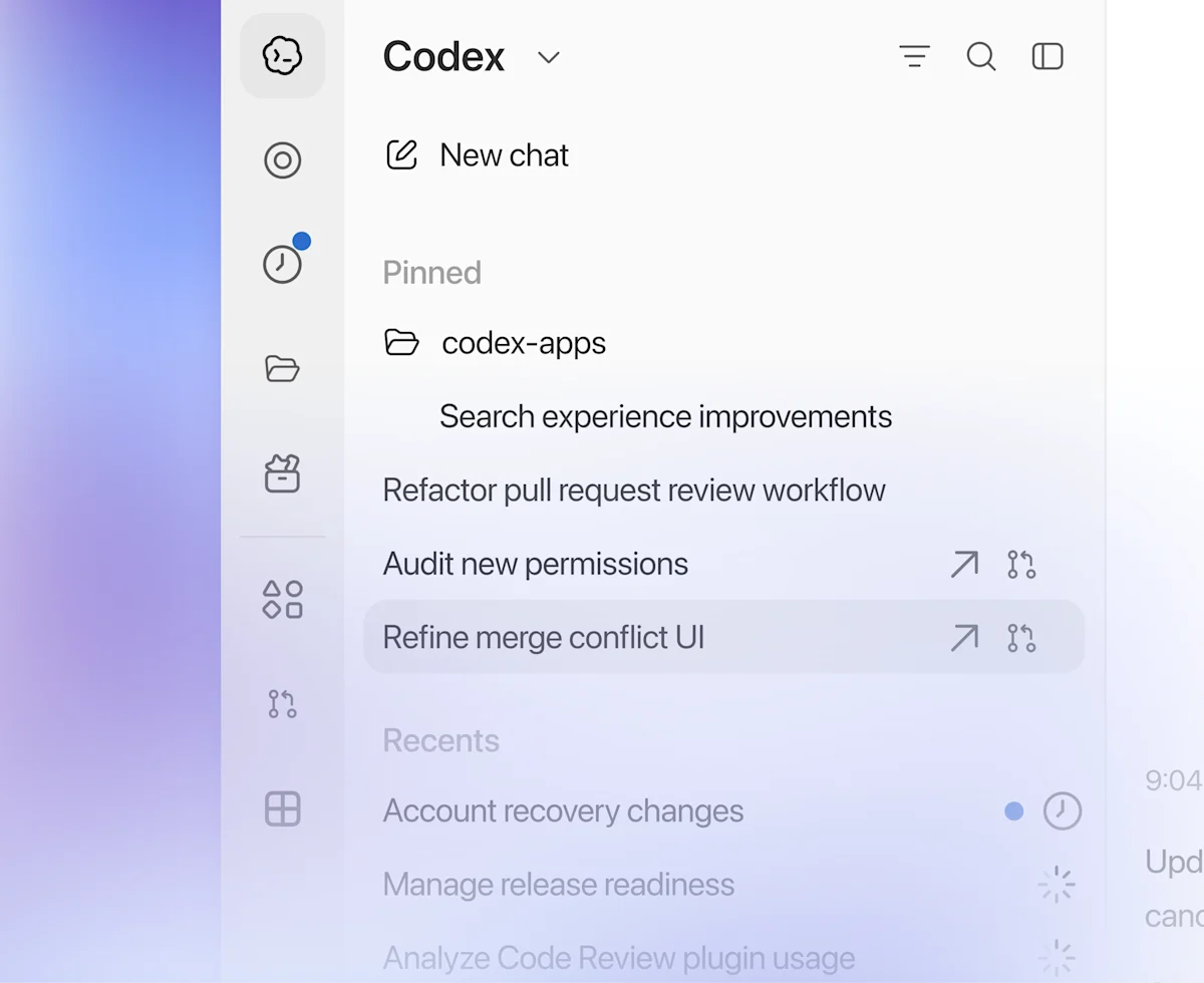 Codex 應用程式介面，顯示 ChatGPT 內的程式碼編寫任務和智慧體進度。