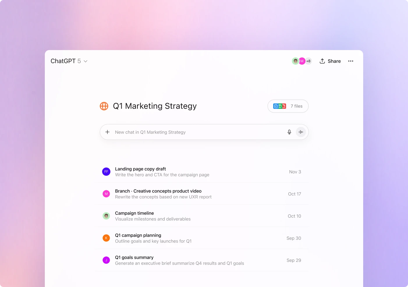 ChatGPT project workspace titled “Q1 Marketing Strategy,” displaying organized tasks like “Landing page copy draft,” “Campaign timeline,” and “Q1 campaign planning,” with a collaborative interface featuring file attachments and team members.