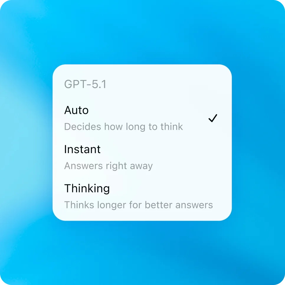 Un menu a discesa che mostra le modalità di risposta di GPT-5.1: Auto (selezionata), Instant e Thinking.