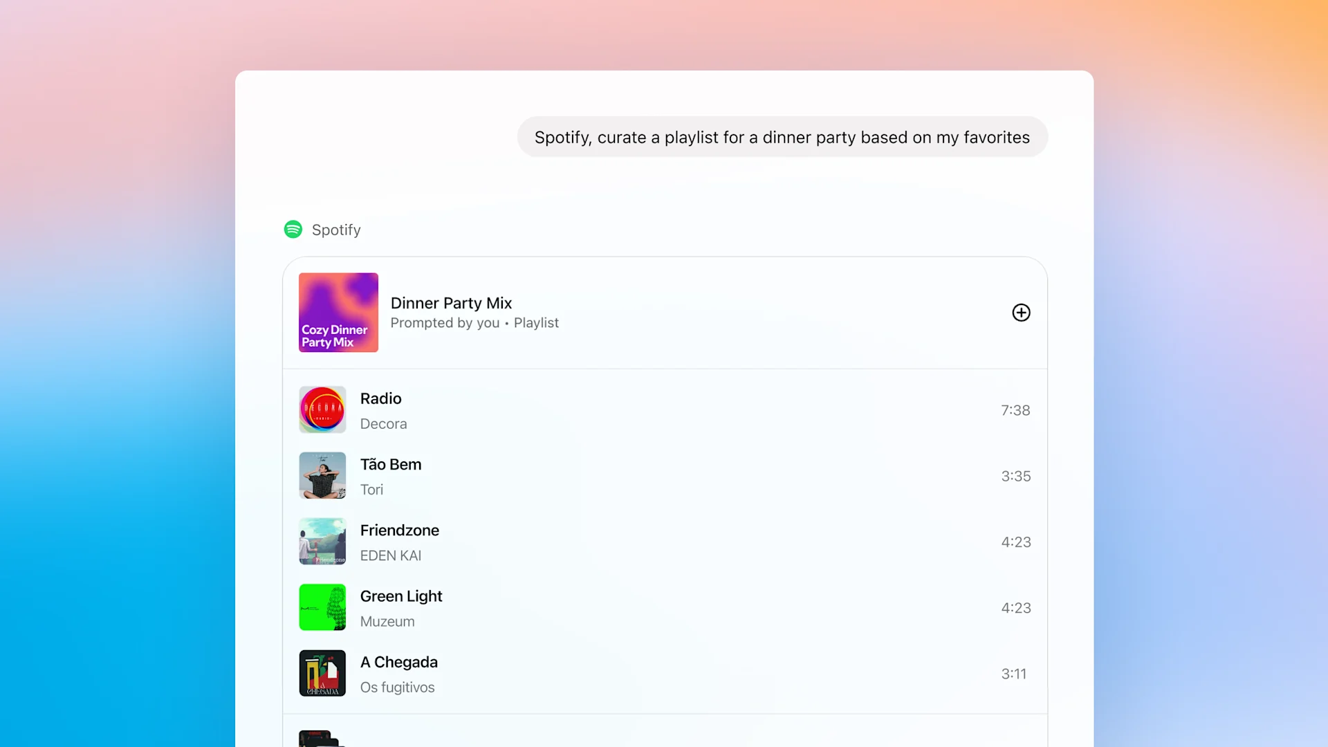 A ChatGPT interface showing a user message: “Spotify, curate a playlist for a dinner party based on my favorites.” Below is a Spotify card titled “Dinner Party Mix,” featuring songs by Billie Holiday, Laufey, The Marías, Corinne Bailey Rae, and Olivia Dean.