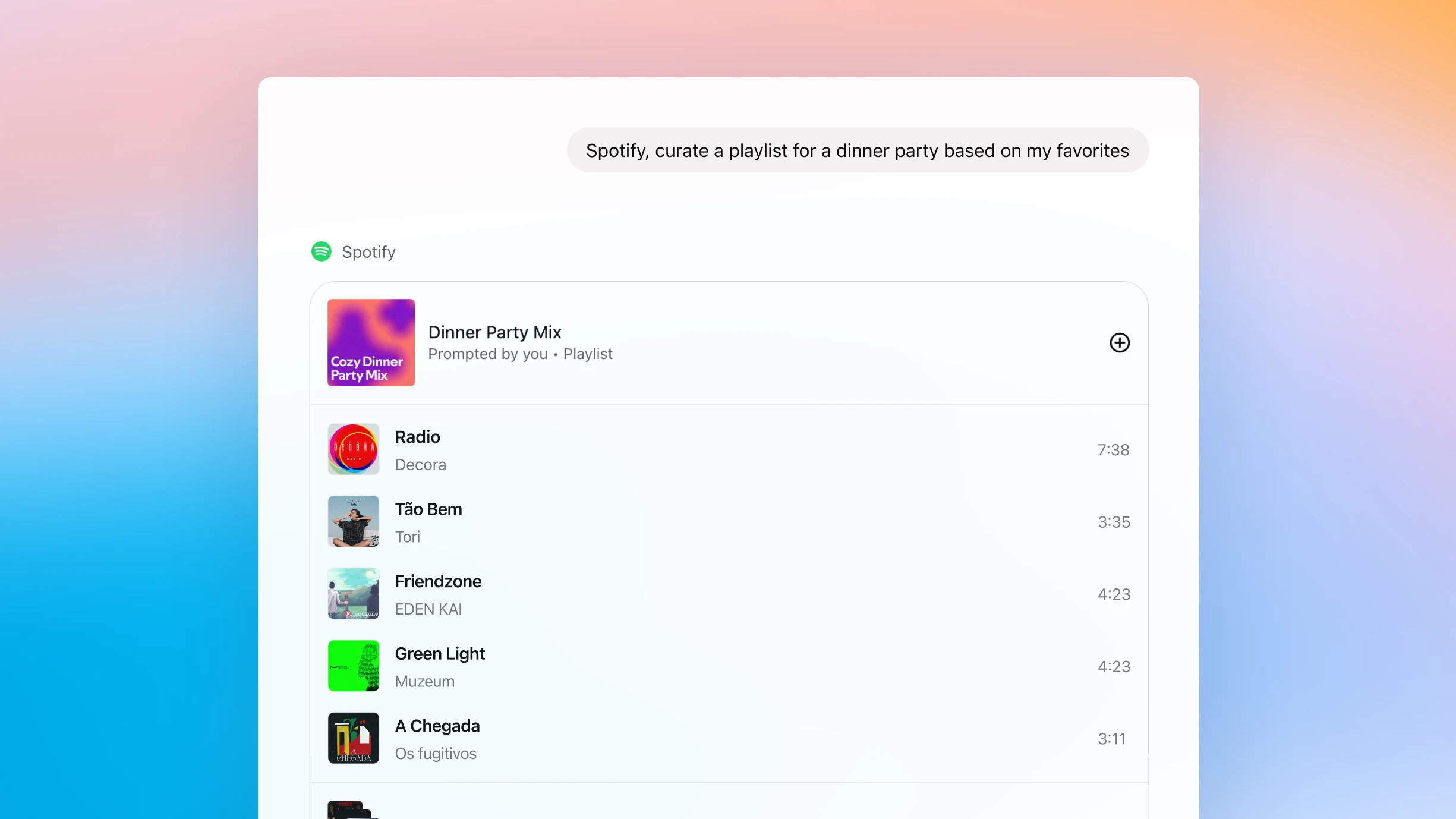 A ChatGPT interface showing a user message: “Spotify, curate a playlist for a dinner party based on my favorites.” Below is a Spotify card titled “Dinner Party Mix,” featuring songs by Billie Holiday, Laufey, The Marías, Corinne Bailey Rae, and Olivia Dean.