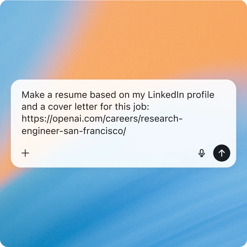 ChatGPT 提示，要求根據 LinkedIn 個人檔案，針對 OpenAI 開出的一份職缺產生履歷和求職信。訊息中包含該職缺的直接連結。