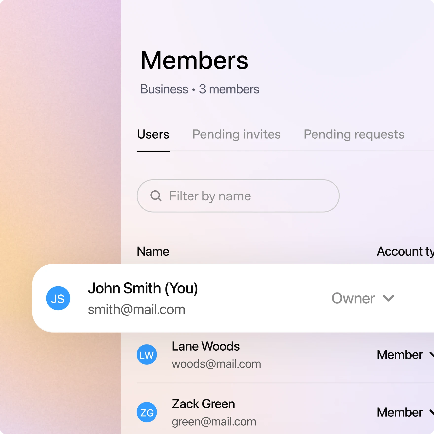 Members management UI in ChatGPT showing a business workspace with users, pending invites, pending requests, a name filter, and member account roles.