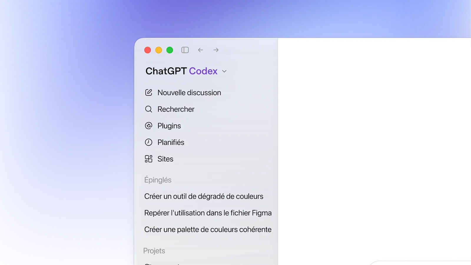 Espace de travail Codex montrant le travail parallèle d’agents dans des contextes d’application et de code, sur un arrière-plan en dégradé.