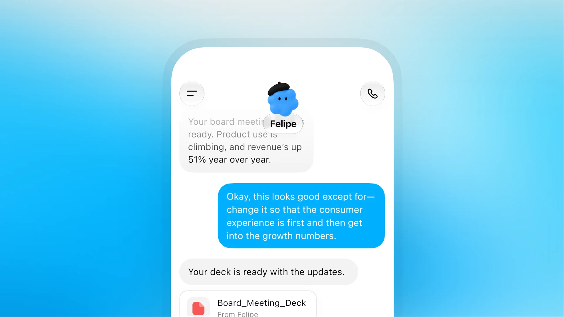 Felipe shares a board meeting deck, receives feedback, and returns the updated presentation.