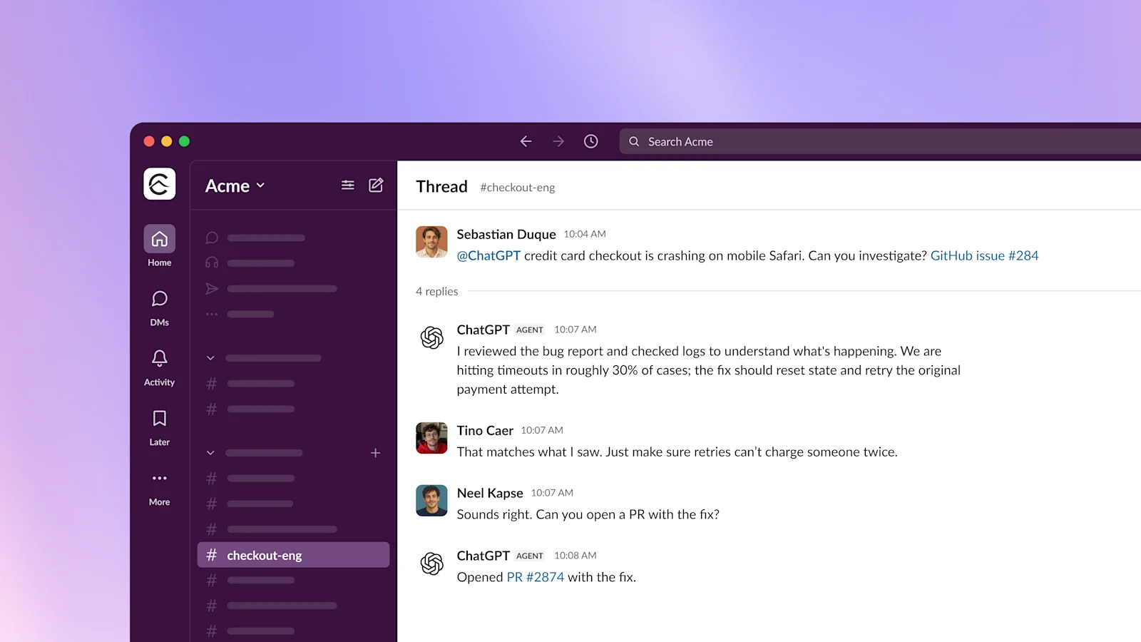 ChatGPT investigates a checkout bug in Slack and opens a pull request with the fix.