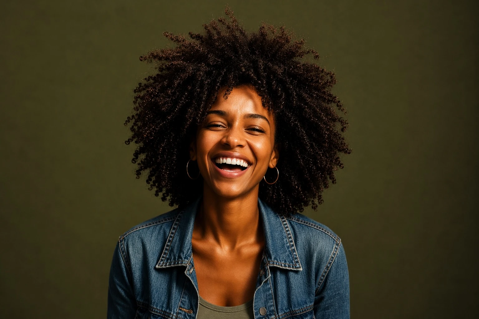 A smiling person in a denim jacket against a green background.