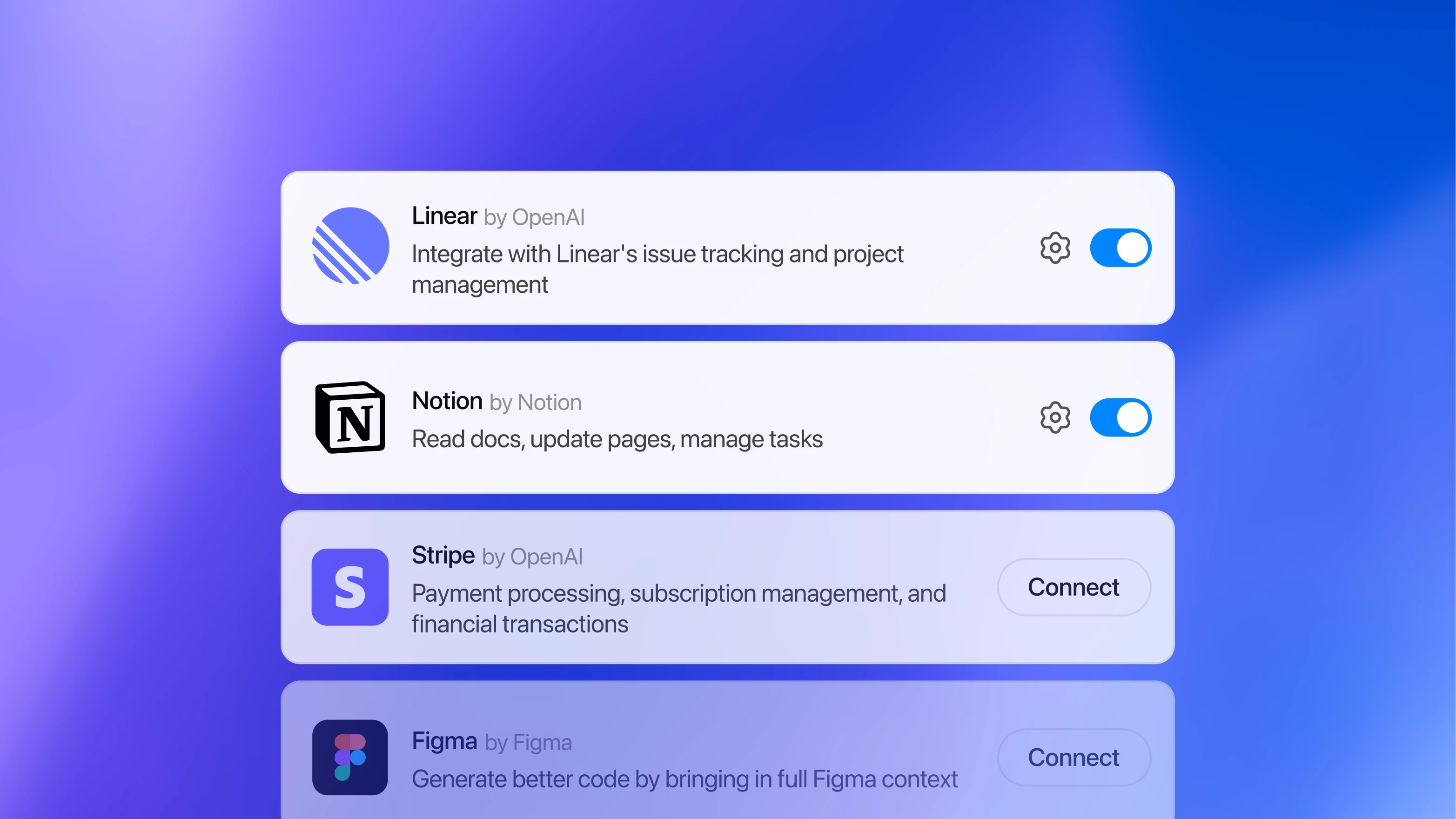 List of integrations with icons, names, short descriptions, and toggle buttons or connect buttons. Linear and Notion are enabled with toggles, Stripe and Figma show “Connect” buttons and are inactive. Background is a blue gradient.