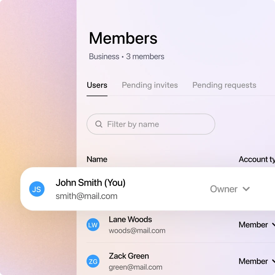 ChatGPT Business members management page showing users, pending invites, pending requests, and account roles.