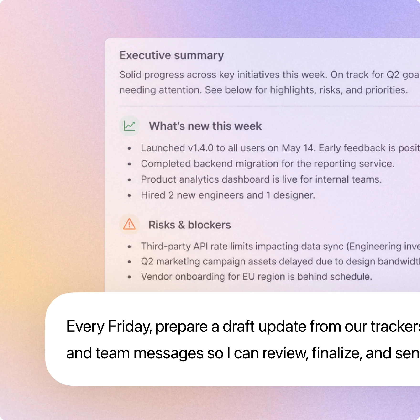 ChatGPT prompt preparing a Friday project update from trackers and team messages, over an executive summary document.