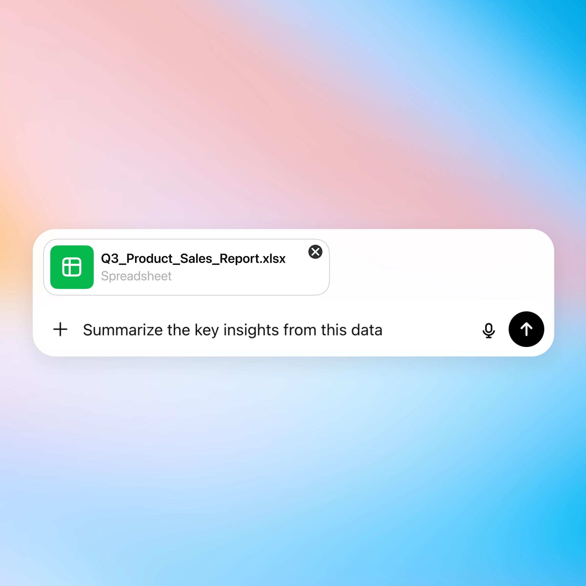 एक इंटरफ़ेस स्क्रीनशॉट में दिखाया गया है कि एक यूज़र Q3_Product_Sales_Report.xlsx नाम की स्प्रेडशीट अपलोड कर रहा है.फ़ाइल टाइल में एक हरे रंग का स्प्रेडशीट आइकन, फ़ाइल का नाम, और एक क्लोज़ बटन शामिल है.उसके नीचे, यूज़र ने इनपुट बार में एक प्रॉम्प्ट टाइप किया है जिसमें लिखा है “इस डेटा से मुख्य इनसाइट्स का सारांश बताओ.”प्रॉम्प्ट बॉक्स के दाईं ओर एक माइक्रोफ़ोन आइकन और ऊपर की ओर तीर वाला बटन दिखता है, जो दर्शाता है कि यह भेजने के लिए तैयार है.बैकग्राउंड में गुलाबी, बैंगनी और नीले रंग का हल्का पेस्टल ग्रेडिएंट मिला हुआ है.