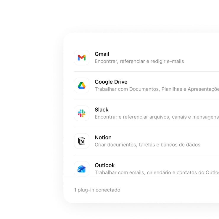 Menu de plugins listando Gmail, Google Drive, Slack, Notion e Outlook, com um plugin conectado.