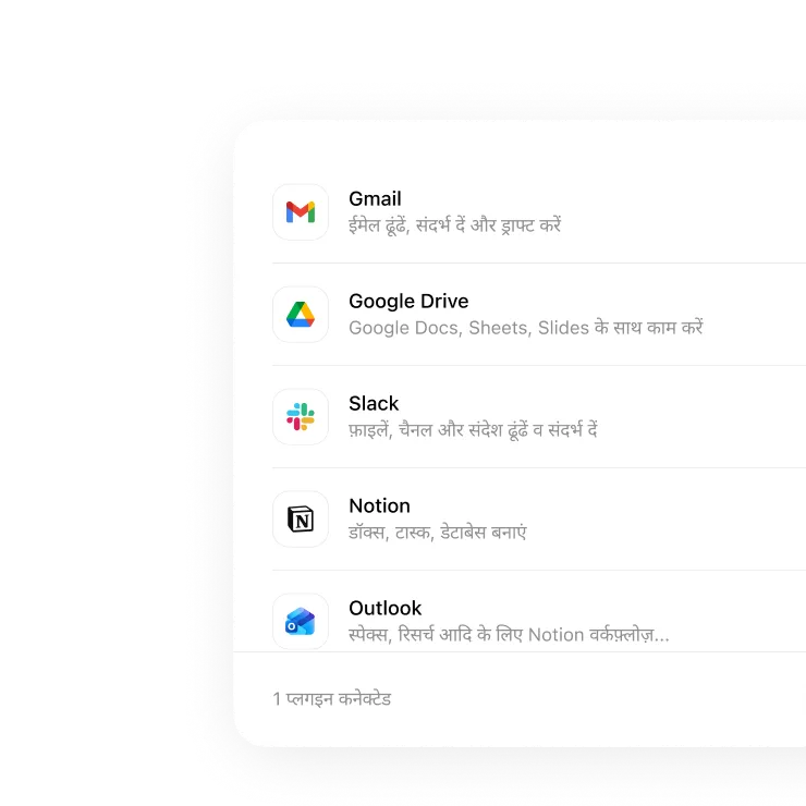 प्लगइन की एक लिस्ट जिसमें Gmail, Google Drive, Slack, Notion और Outlook के नाम हैं, और इनमें से एक प्लगइन कनेक्टेड है.