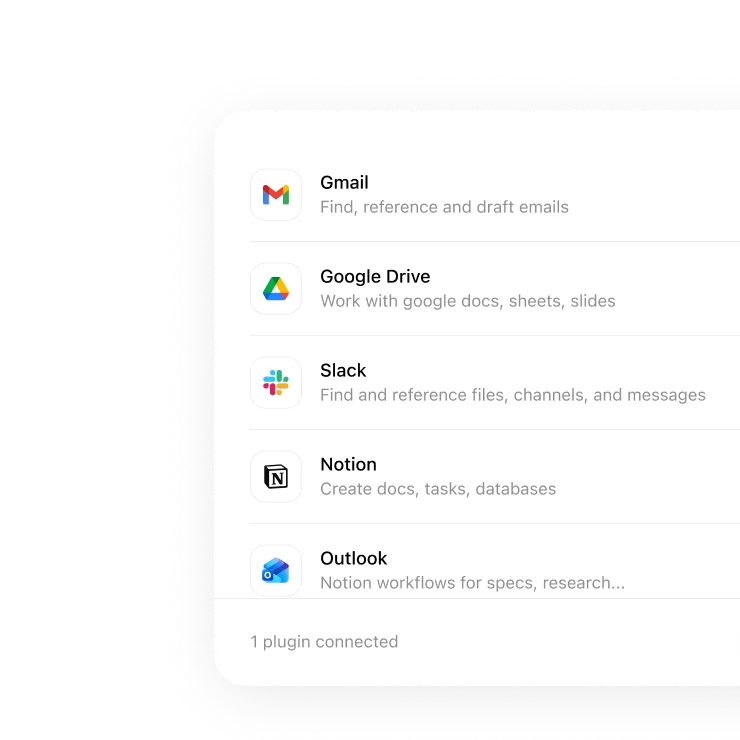 Gmail၊ Google Drive၊ Slack၊ Notion နှင့် Outlook တို့ကို စာရင်းပြထားပြီး ပလပ်အင်တစ်ခု ချိတ်ဆက်ထားသည့် ပလပ်အင် မီနူး။