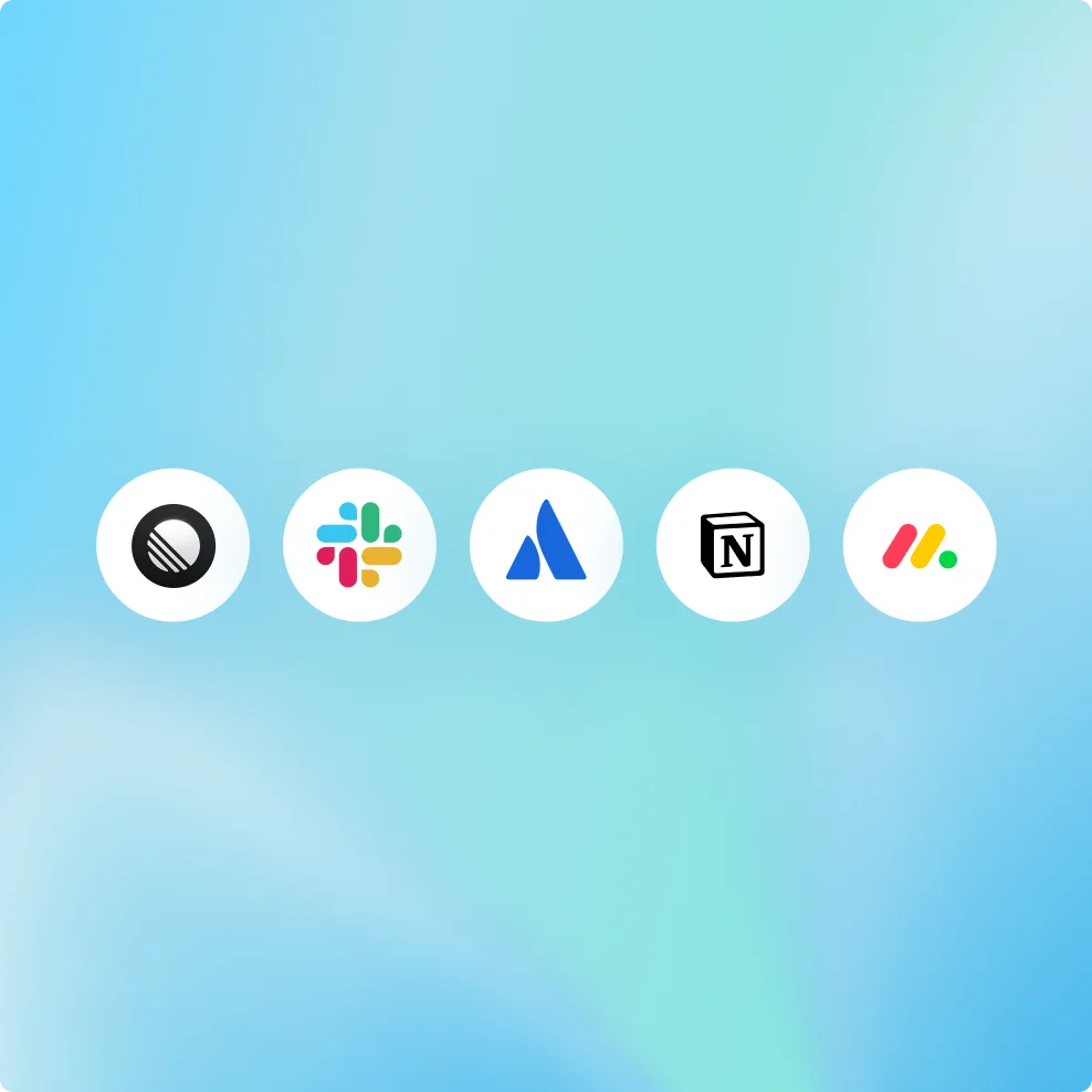 Una fila de iconos circulares de aplicaciones sobre un fondo degradado azul que representan herramientas de gestión de productos integradas con ChatGPT, incluidas aplicaciones de análisis, documentación y planificación mostradas como logotipos simples.