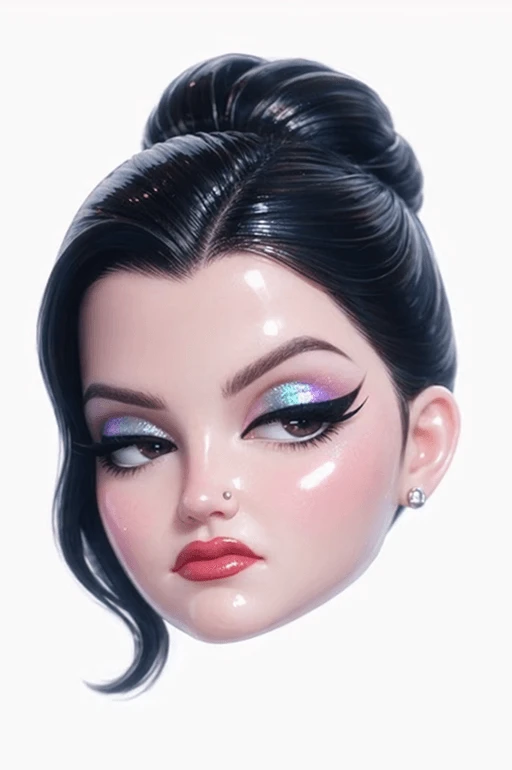 ภาพหัวลอย 3D ที่สร้างโดยอ้างอิงจากภาพต้นแบบ มีสไตล์การออกแบบที่หรูหราแต่ดูกวนๆ มีสีหน้าเบื่อหน่าย ไม่ประทับใจ ตาปรือปิดครึ่งหนึ่ง คิ้วโก่ง และริมฝีปากโค้งเล็กน้อย ถ่ายทอดบุคลิก “สาวแสบ” สุดคลาสสิก