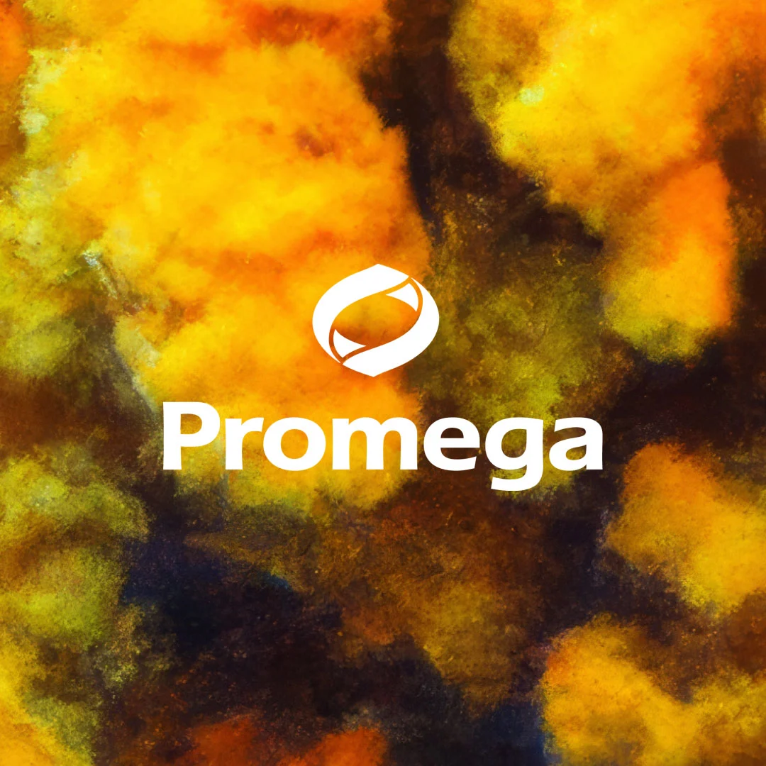 Promega 徽标位于黄黑抽象斑点背景之上