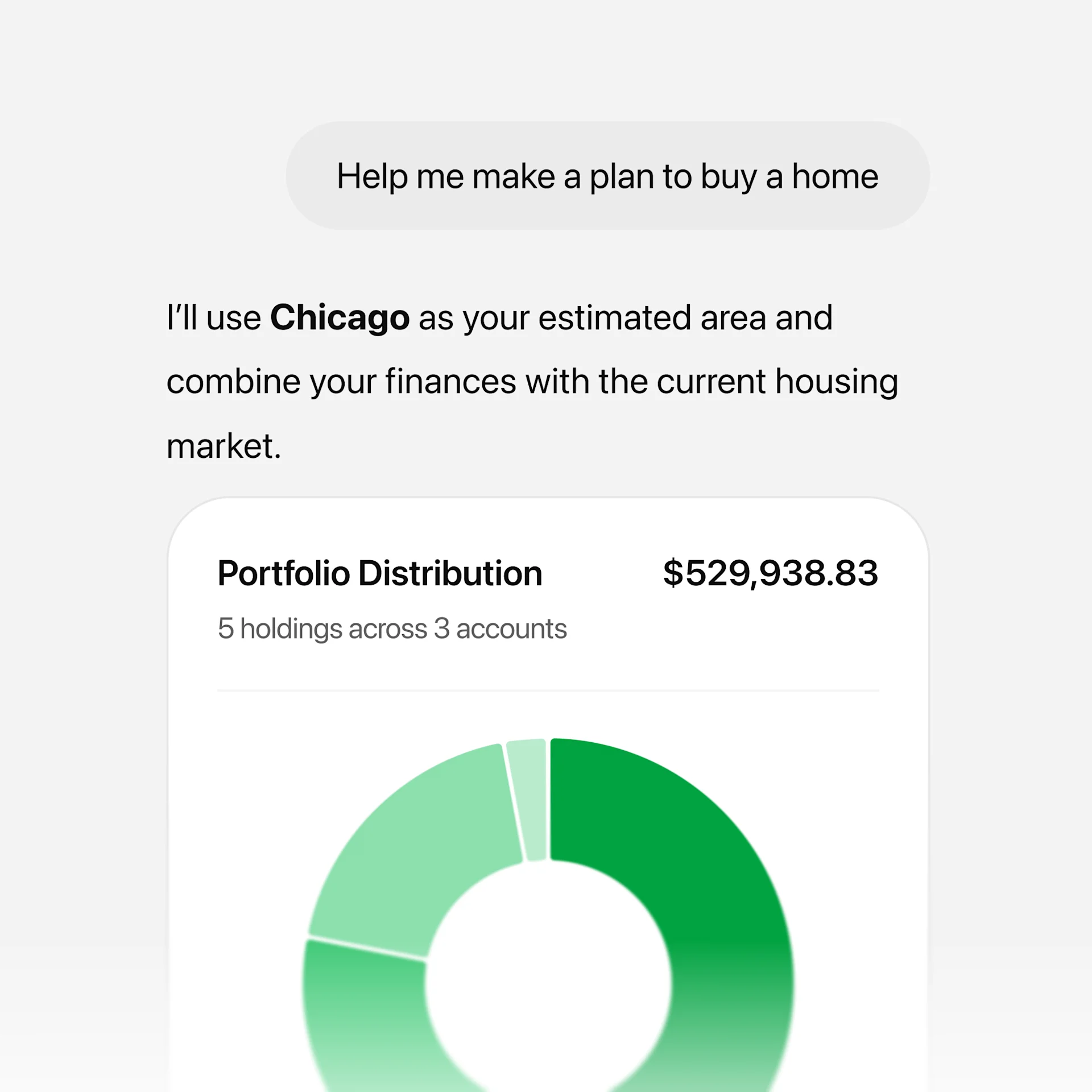 ChatGPT helps plan a home purchase in Chicago using financial context, with a portfolio distribution of $529,938.83 across five holdings and three accounts.