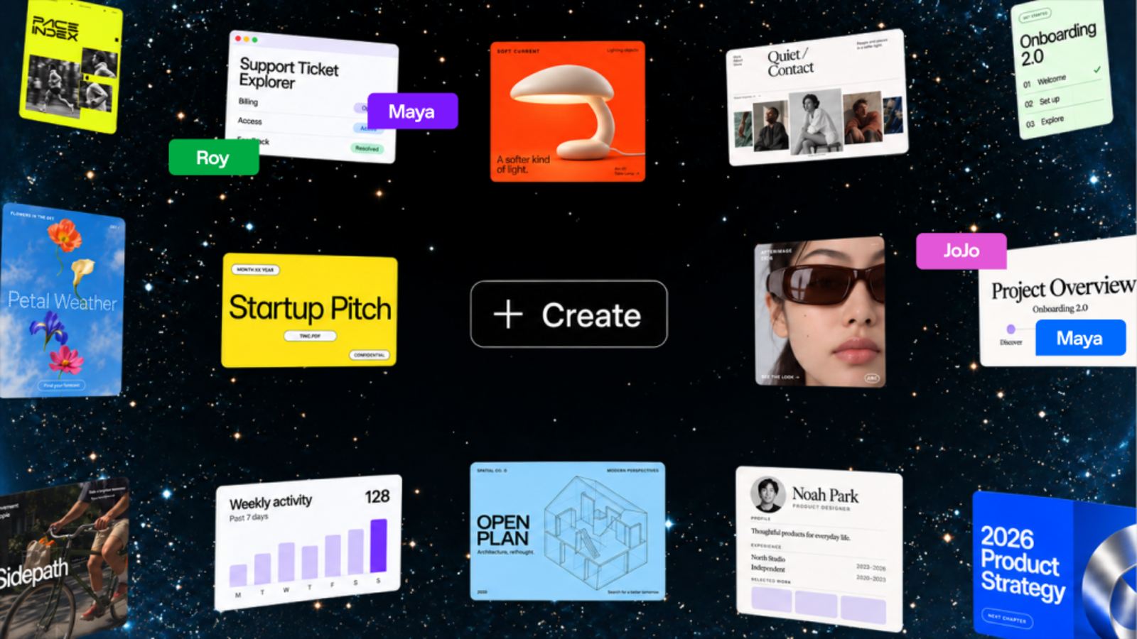 Creative projects arranged around the Create button in ChatGPT Space