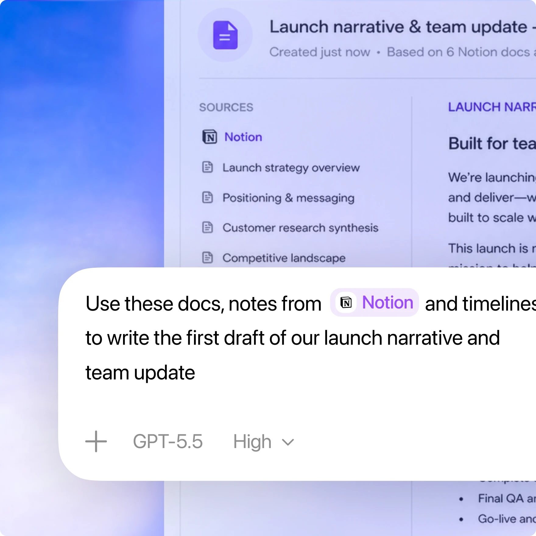 Codex prompt card for drafting a launch narrative and team update from docs, Notion notes, and timelines.