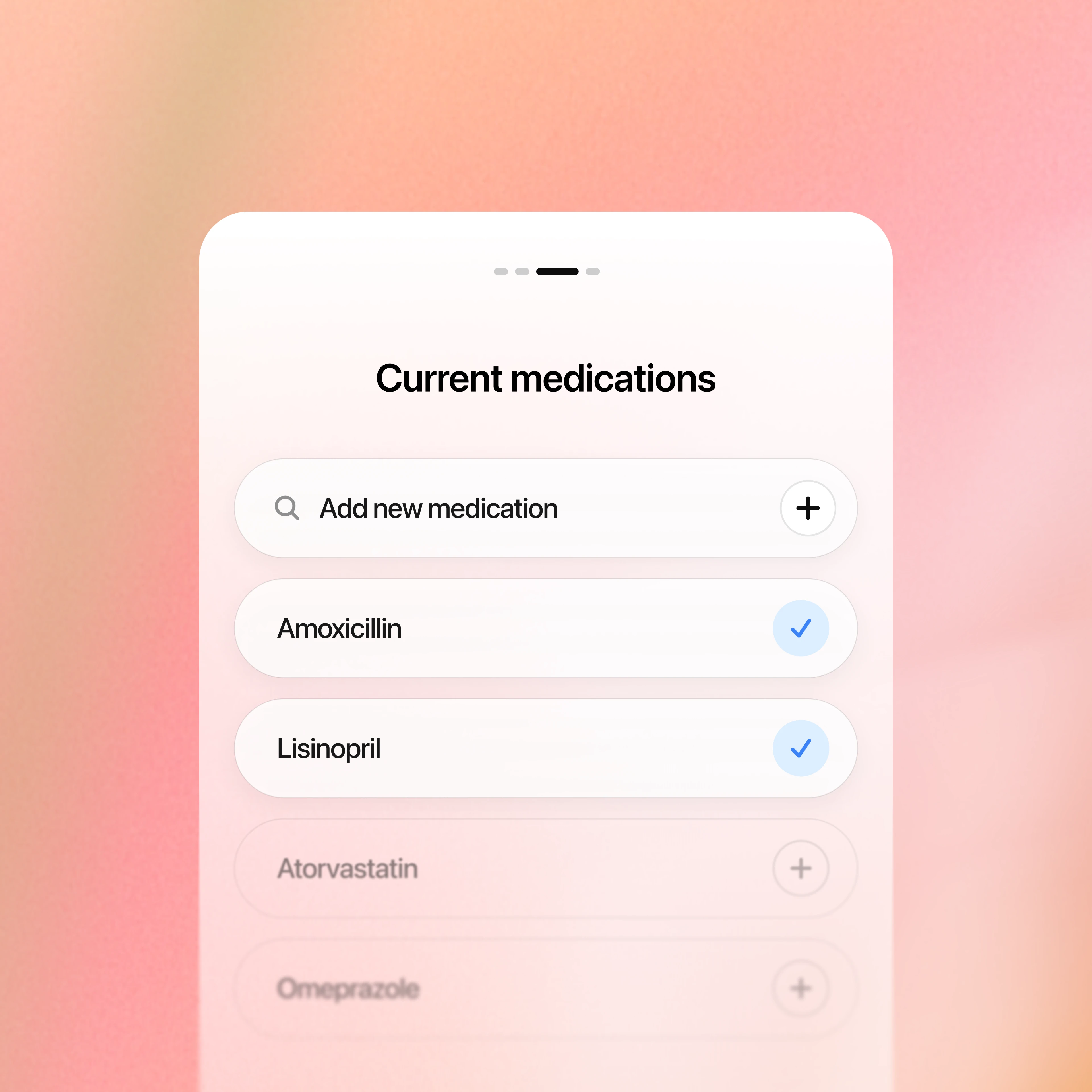 Health setup screen for reviewing current medications.