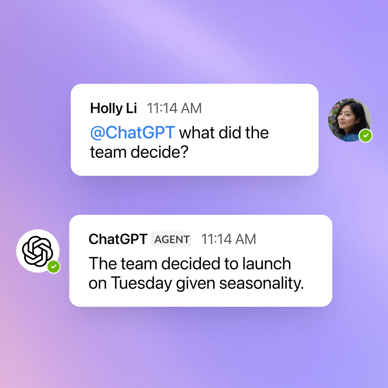 A teammate mentions @ChatGPT in Microsoft Teams, and ChatGPT replies with the team's decision.