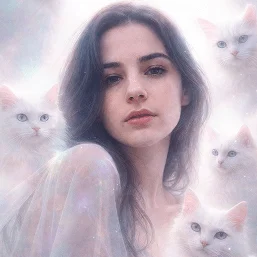 ภาพเสมือนละมุนตาที่เหนือจริงของฉัน รายล้อมด้วยแมวสีขาวเรืองแสง ท่ามกลางแสงสีพาสเทลประกายมุก มีหมอกฟุ้งชวนฝันพร้อมแสงสว่างเจิดจ้า และไฮไลท์ที่ฟุ้งกระจายจนกลืนเป็นการไล่เฉดสีชมพู มิ้นต์ น้ำเงิน และเหลืองอย่างเรียบเนียน โฟกัสนุ่มละมุนเป็นพิเศษตามขอบใบหน้า มีรายละเอียดใบหน้าที่ประณีต ผ้าโปร่งใส และขนที่มีแสงเรืองรอบตัว แสงย้อนนุ่มนวลเหนือจริง เงาอ่อนละมุน บรรยากาศลอยละล่อง และมีความนิ่งแบบภาพยนตร์ งานดิจิทัล 3 มิติแนวเหนือจริงสมัยใหม่ที่มีความละเอียดสูง พร้อมแสงแฟนตาซีแบบเวเปอร์เวฟและพื้นผิวแมตต์