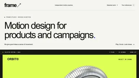 Frame Studio website preview with motion design headline and lime project panel.