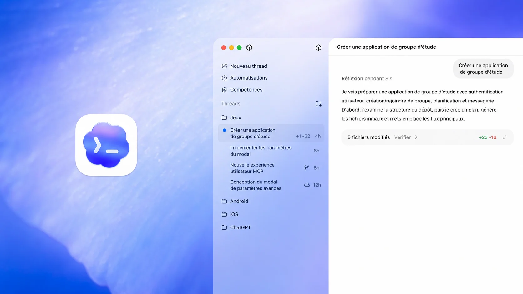 Maquette d’interface montrant Codex dans ChatGPT en train de créer une « application de groupe d’étude ». L’écran affiche une barre latérale avec des discussions et des tâches, ainsi qu’un panneau principal décrivant des étapes comme la mise en place de l’authentification, les fonctionnalités de groupe et la messagerie. Un résumé affiche « 8 fichiers modifiés », avec les ajouts et les suppressions, illustrant la génération automatisée de code et la configuration du projet.