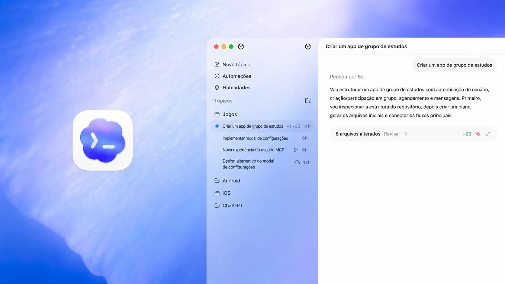 Mockup de UI mostrando o Codex no ChatGPT criando um "app de grupo de estudos". A tela mostra uma barra lateral com threads e tarefas e um painel principal descrevendo etapas como estruturar autenticação, recursos de grupo e mensagens. Um resumo mostra "Changed 8 files" com adições e remoções, ilustrando geração automática de código e configuração do projeto.