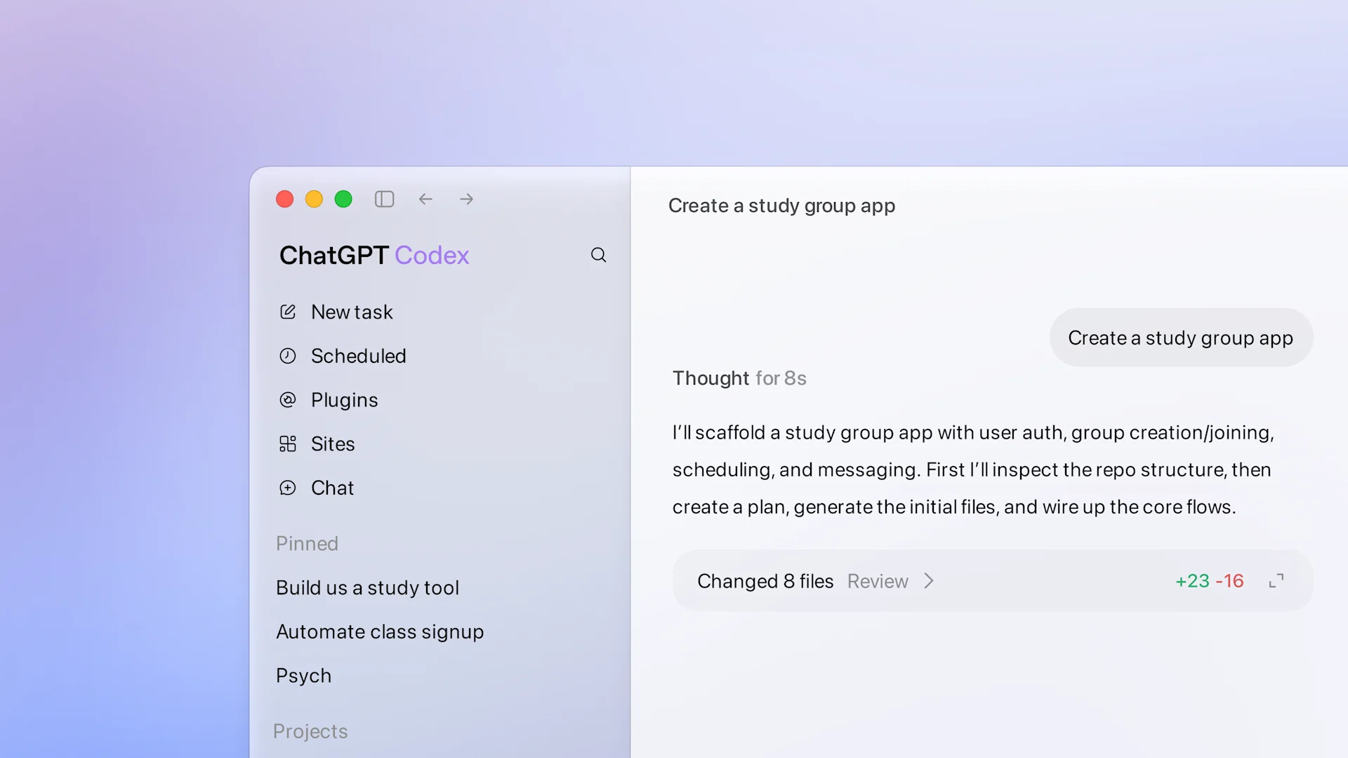 UI mockup showing Codex in ChatGPT creating a “study group app.” The screen displays a sidebar with threads and tasks, and a main panel describing steps like scaffolding auth, group features, and messaging. A summary shows “Changed 8 files” with additions and deletions, illustrating automated code generation and project setup.