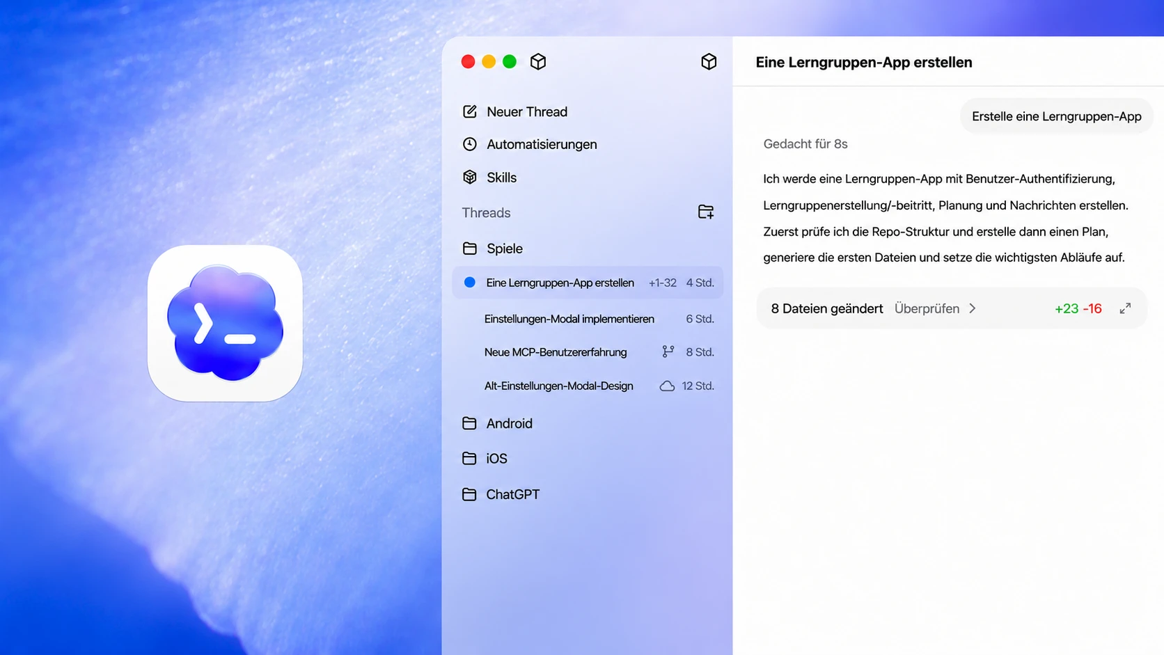 UI-Mockup, das zeigt, wie Codex in ChatGPT eine „Lerngruppen-App“ erstellt. Der Bildschirm zeigt eine Seitenleiste mit Threads und Aufgaben sowie ein Hauptpanel, in dem Schritte wie das Einrichten der Authentifizierung, Gruppenfunktionen und Nachrichtenfunktionen beschrieben werden. Eine Zusammenfassung zeigt „8 Dateien geändert“ mit Hinzufügungen und Löschungen zur Veranschaulichung der automatisierten Codegenerierung und Projekteinrichtung.