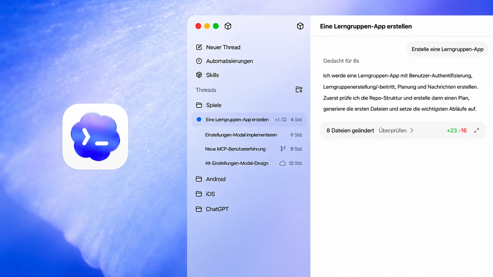 UI-Mockup, das zeigt, wie Codex in ChatGPT eine „Lerngruppen-App“ erstellt. Der Bildschirm zeigt eine Seitenleiste mit Threads und Aufgaben sowie ein Hauptpanel, in dem Schritte wie das Einrichten der Authentifizierung, Gruppenfunktionen und Nachrichtenfunktionen beschrieben werden. Eine Zusammenfassung zeigt „8 Dateien geändert“ mit Hinzufügungen und Löschungen zur Veranschaulichung der automatisierten Codegenerierung und Projekteinrichtung.
